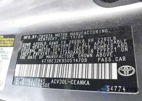 2005 Toyota Camry Le из США, поврежденный, VIN 4T1BE32K95U514709